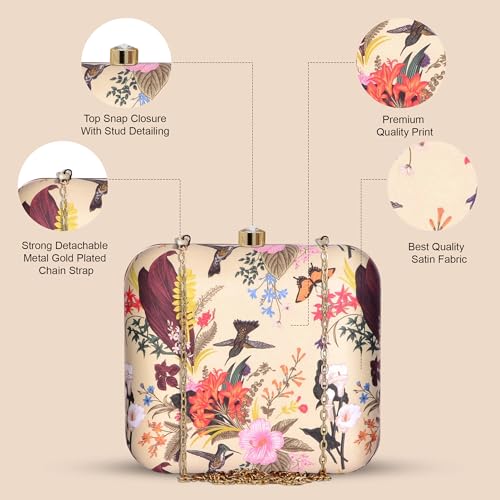 Artklim Beige Flower & Birds Print Hand Clutch for Women & Girls - Box Handbag with Chain Strap - Designer Evening Purse - for Wife