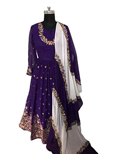 Miss Ethnik Women's Purple Georgette Semi Stitched Ankle Length Free Size Anarkali Gown