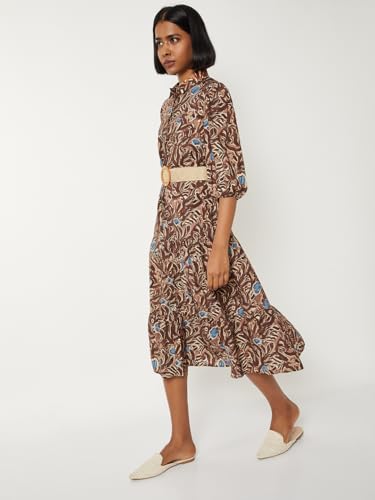 Max Women Printed Tiered Dress with Belt(Brown_XS)