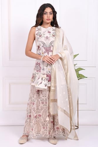 W for Woman White Floral Embroidered Cotton Straight Kurta with Flared Pant and Dupatta Set - (WS12938-223833-M)