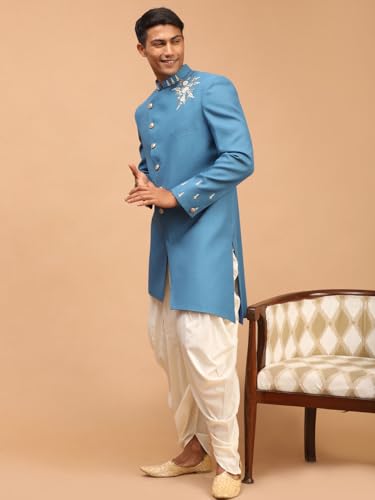 VASTRAMAY Men's Turquoise And Cream Silk Blend Sherwani Set | Classy And Elegant Sherwani With Dhoti in Imported fabric And Pearl work detailing.