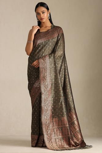 Soch Womens Olive Tussar Woven Design Saree