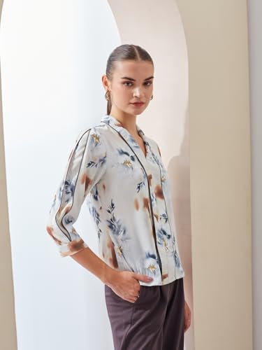 Latin Quarters Women's Off White 3/4Th Sleeves V-Neck Casual Printed Top_XL