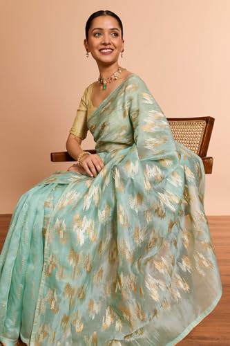 Taneira Women Light Blue Pure Silk Organza Embroidered Saree with Unstitched Blouse Piece (SAPP03AC2532-Light Blue)