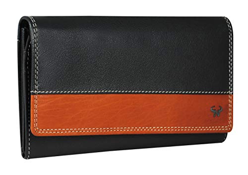 Calfnero Women's Genuine Leather Wallet-Long Purse Wallet with Multiple Card Slots, Zip Pocket and Note Compartment (Black)