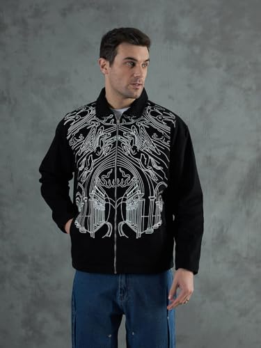 FUGAZEE Black Lineart Harrington Jacket for Men | Heavyweight Cotton Twill | Printed Lineart Design | Spread Collar | Zipped Closure | Lined Streetwear Bomber Jacket - S