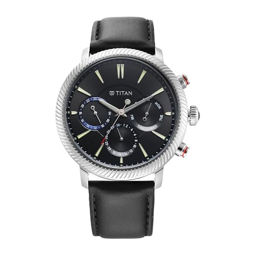 Titan Men Leather Stellar Analog Black Dial Watch-10012Sl01, Band Color-Black