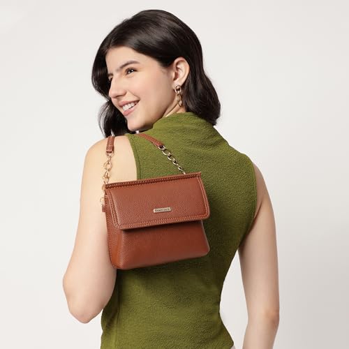 Fastrack brown Sling | Faux-Leather Women’s Handbag | Button-Closure Sling with Metal Accent Strap