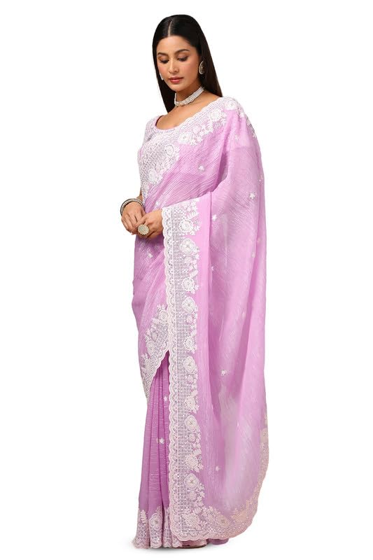 Soch Womens Lavender Organza Embroidered Saree With Beads And Stones