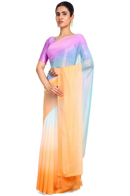 Soch Womens Lavender Chiffon Ombre Print Saree With Tassels