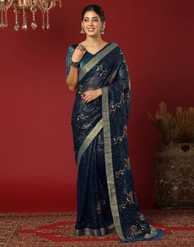 SIRIL Women's Embroidered & Stone Work Georgette Saree With Unstitched Blouse Pieces (4397S3142-Blue)