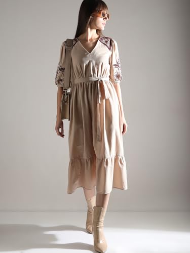 Vero Moda Women's Cotton Blend Fit and Flare Midi Dress (9013710- Beige