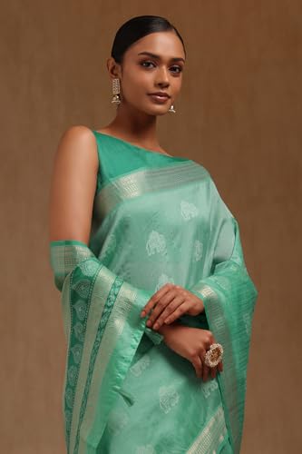 Soch Womens Turquoise Blue Tussar Woven Design Saree