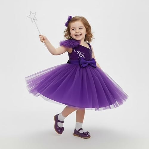 KIYOL Girls One Shoulder Sequin Satin Tulle Party Dress with Large Bow ? Elegant Purple Princess Gown for Birthday, Wedding & Special Occasions -Purple Barbet 2-3Y