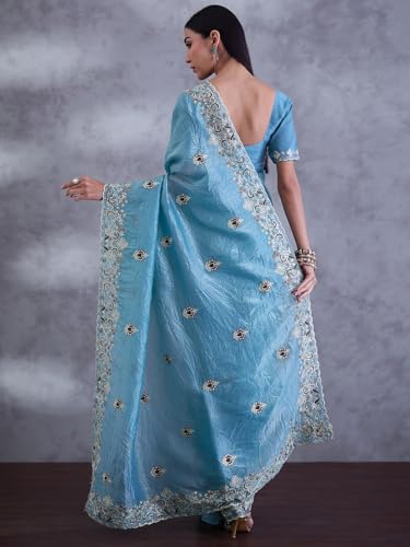 SAREE MALL Women's Light Blue Paper Silk Embroidered Saree With Unstitched Blouse (DHNIYA2032C_DC)