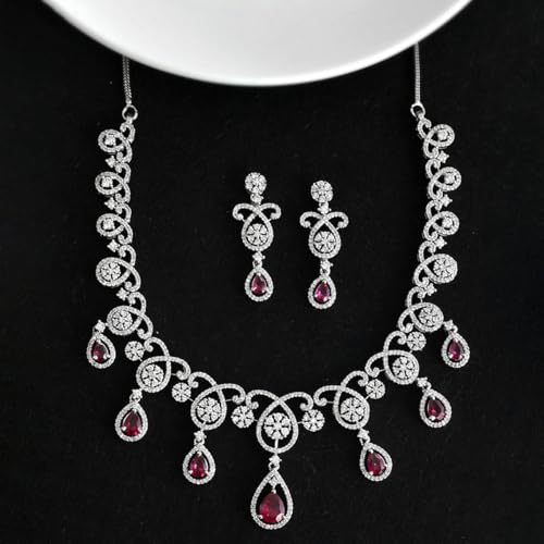 VOYLLA Cz Elegance Red Teardrop Cut Jewellery Set For Women|Womens Jewellery Set|Gift For Women|Womens Gift|Gift For Her|