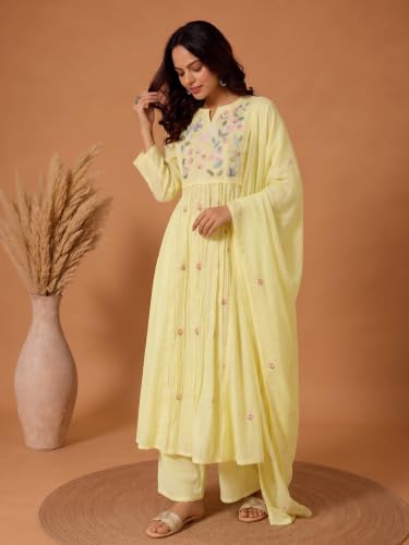 Varanga yellow embroidered muslin kurta set with dupatta