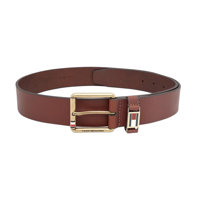 Tommy Hilfiger Men's Leather Belt Glace - Tan | Brushed Brass Buckle | Leather Belt For Any Occasion | Size - S (80Cm)