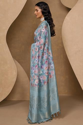 Soch Womens Powder Blue Chanderi Floral Print Saree