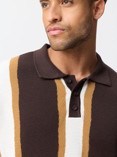 The Souled Store: Jacquard Polo Chestnut Men and Boys Short Sleeve Spread Collar Dark Brown Jacquard Knit Vertical Stripe Pattern Cotton Regular Fit Casual Everyday Polo Shirts