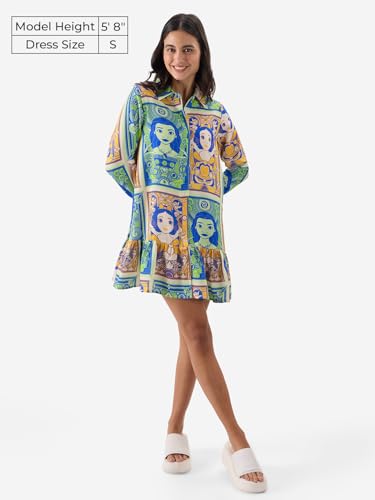The Souled Store Official Disney: Pretty Princesses Women and Girls Long Sleeve Button Front Mini Shirt Dresses Multicolour