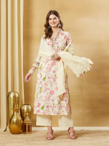 Divena White Cotton Floral Kurta Sets With Dupatta