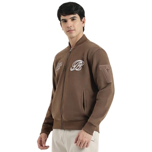 United Colors of Benetton Regular Fit Band Collar Textured Vibe Check Varsity Polar Jacket (Size: L) - 25A2VLRJ3677I901