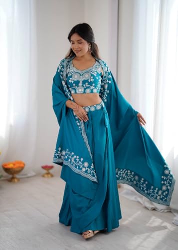 MARUTI FASHION HOUSE Lehenga Choli Indo-Western Draped Saree Set For Womens And Girls Ready To Wear Hevay Crep Silk Fabric With Work Multi Thread Embroidery Coding Sequence Light teal