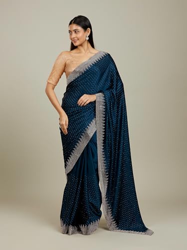 MOHEY Women's Satin Stone Work Saree(Teal Green)