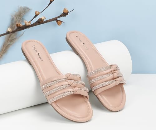LOUIS STITCH Women's Fashion Flat Slip On Sandals | Open Toe Nude Stylish Flat Sandal for Ladies, Comfortable All day Wear Slipper | LSOF-LDSL-GLTSNU | UK-8