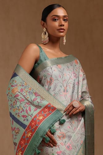 Soch Womens Light Teal Tussar Botanical Print Saree