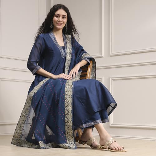 Biba Women Blue Chanderi Gathered Dyed Kurta Set_38