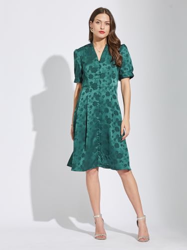 Latin Quarters Women Green V-Neck Half Sleeves Printed Knee Length A-Line Dress S