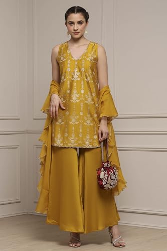 Biba Women Yellow Viscose Blend A-Line Printed Garara Suit Set_34