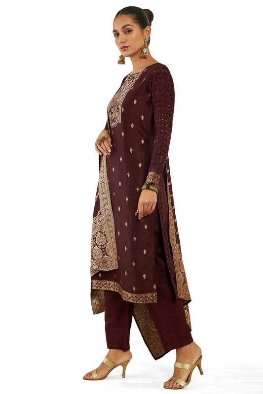 Soch Womens Maroon Silk Suit Set with Zari and Zardosi Embroidery