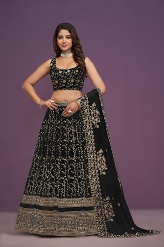 JIHU CULTURE Black Georgette Zari Embroidery Work Semi-Sttiched Lehenga Choli For Women (Black)