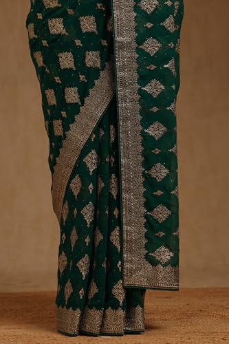 Soch Womens Teal Green Georgette Floral Zari Embroidered Saree With Stone Work