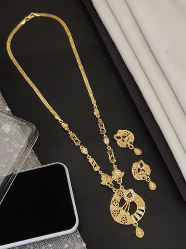 Seora Micro Gold Plated Designer chain Necklace Earring Set for Women, micro metal forming CZ Diamond & Red Stone Jewellery, Latest fancy Design for women can wear Wedding & Festivals