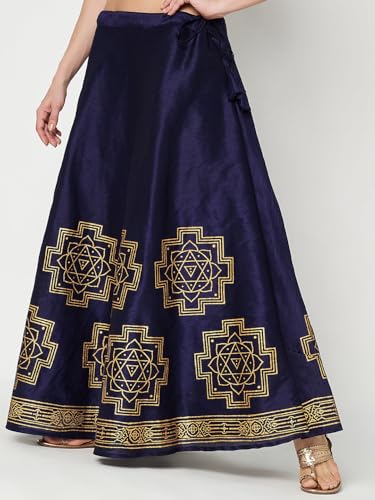 studio rasa Women's Dupion Hand Block Printed Bias Skirt for Wedding Festive Party (SKTC52408_Navy_Small)