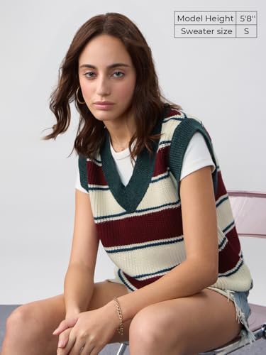 The Souled Store Sweater Vest: Newport Women and Girls Sleeveless V-Neck Striped Acrylic Regular Fit Lightweight Breathable Sweater Vest