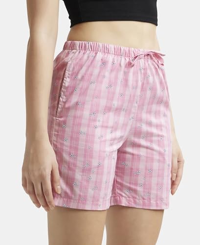 Jockey RX15 Women's Super Combed Cotton Woven Relaxed Fit Checkered Shorts with Side Pockets (Prints May Vary)_Wild Rose_L
