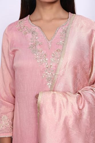 W for Woman Pink Floral Tissue Straight Kurta with Straight Pant and Dupatta Set-(WS13241-224192-M)