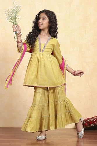 Biba Girl's Green Cotton Dyed Gathered Sharara Suit Set