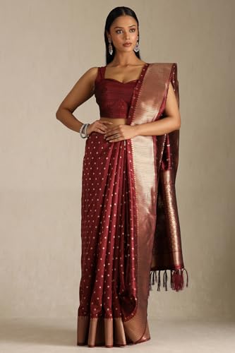 Soch Womens Maroon Tussar Woven Design Saree