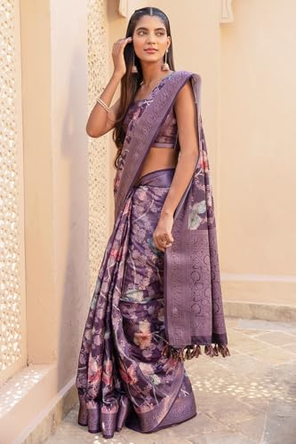 Soch Womens Purple Tussar Floral Print Saree With Zari Woven