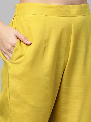 GoSriKi Women's Cotton Blend Embroidered Kurta with Pant & Dupatta (Mukund Yellow_L-Go_Yellow_Large)