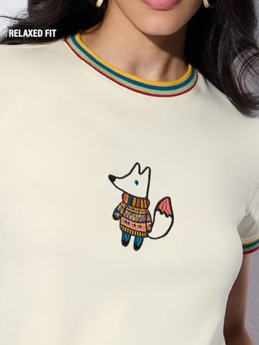 The Souled Store Casual Classics: Foxy Women and Girls Short Sleeves Round Neck Off White Embroidered Cotton Regular Fit Lightweight Everyday Streetwear T-Shirt
