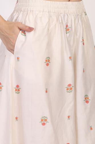 W for Woman Off-White Floral Print Lace Straight Kurta with Inner Flared Pant and Dupatta Set (WS13083-126482-L)