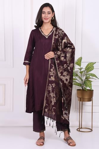 W for Woman Maroon Embroidered Silk Straight Kurta, Pants and Dupatta Set - (WS13298-224278-XL)