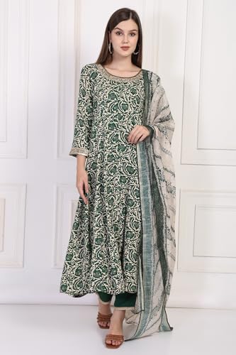 W for Woman Green Printed Block Print Embellished Anarkali Kurta with Straight Pant and Dupatta Set (WS13177-126083-L)